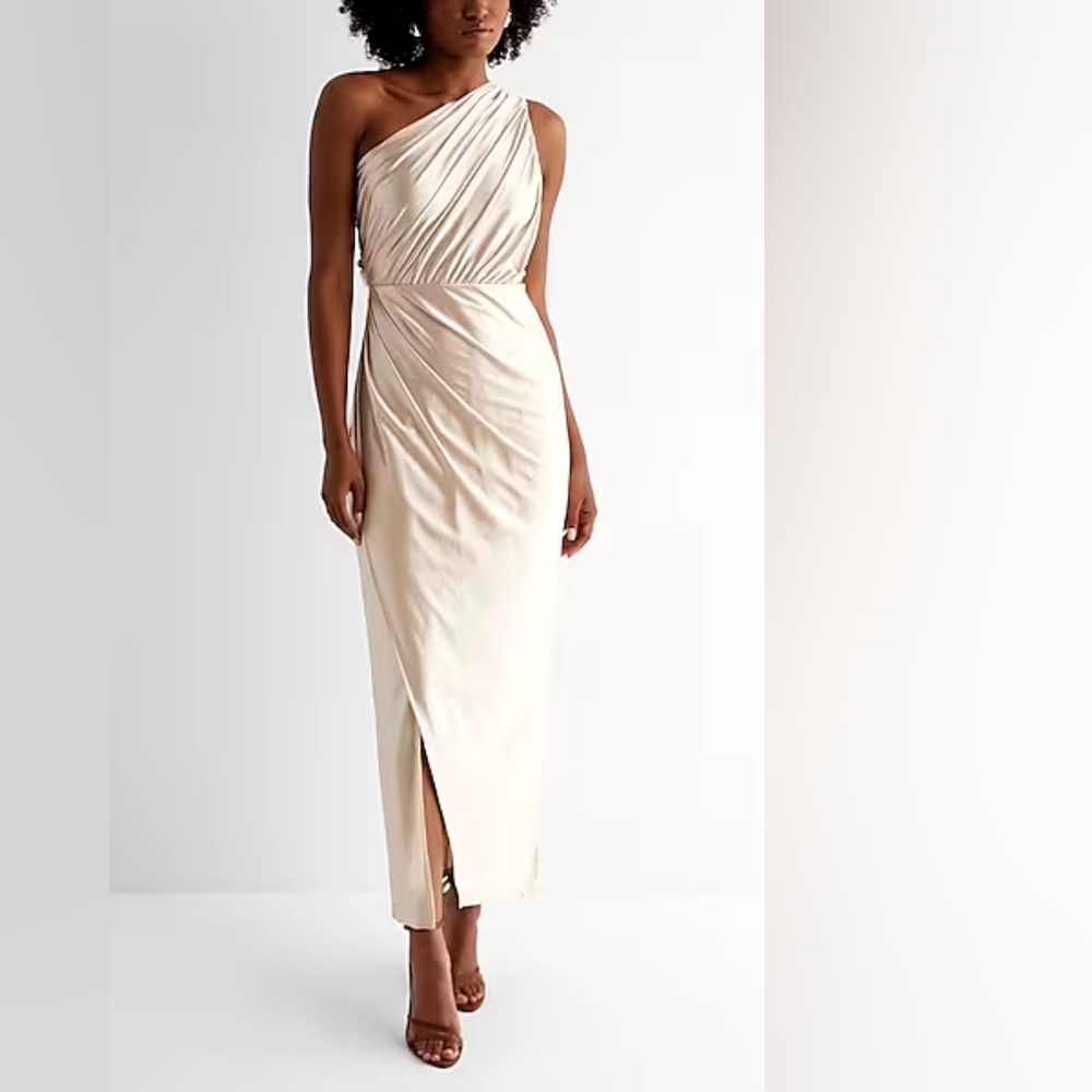 Express Satin One Shoulder Ruched Maxi Dress in Sandshell size Small